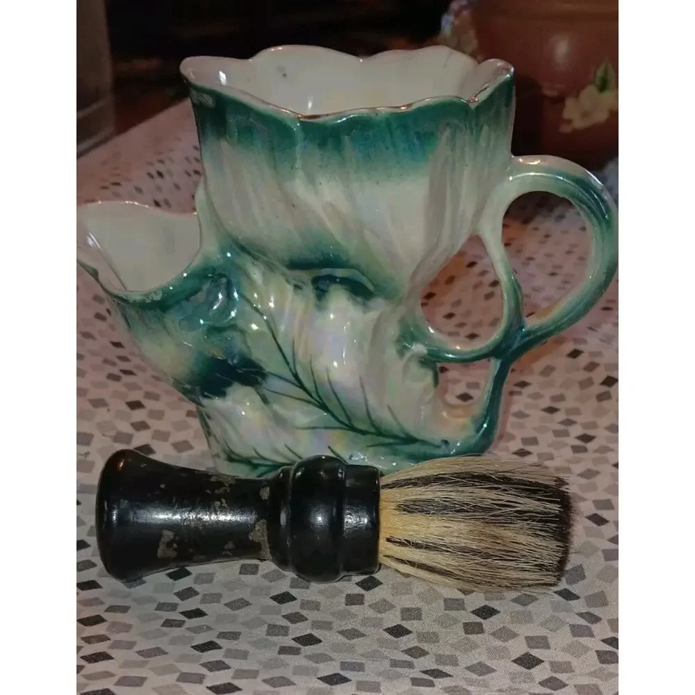 Unique Antique Sea Foam Shaving Scuttle And Foaming Brush